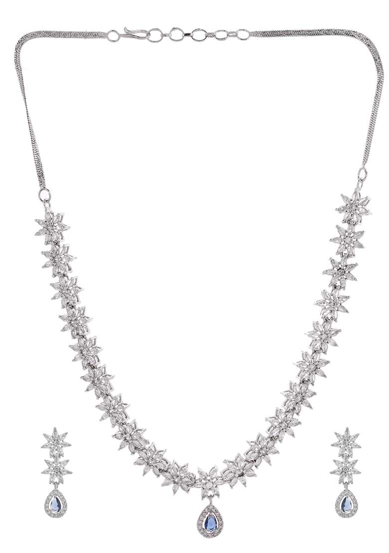 American Diamond Floral Necklace Set With Sapphire Blue Stone Drop

 - Indya