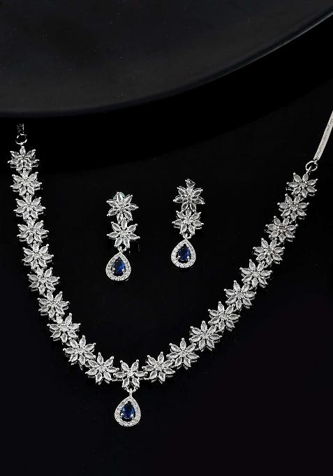 American Diamond Floral Necklace Set With Sapphire Blue Stone Drop

