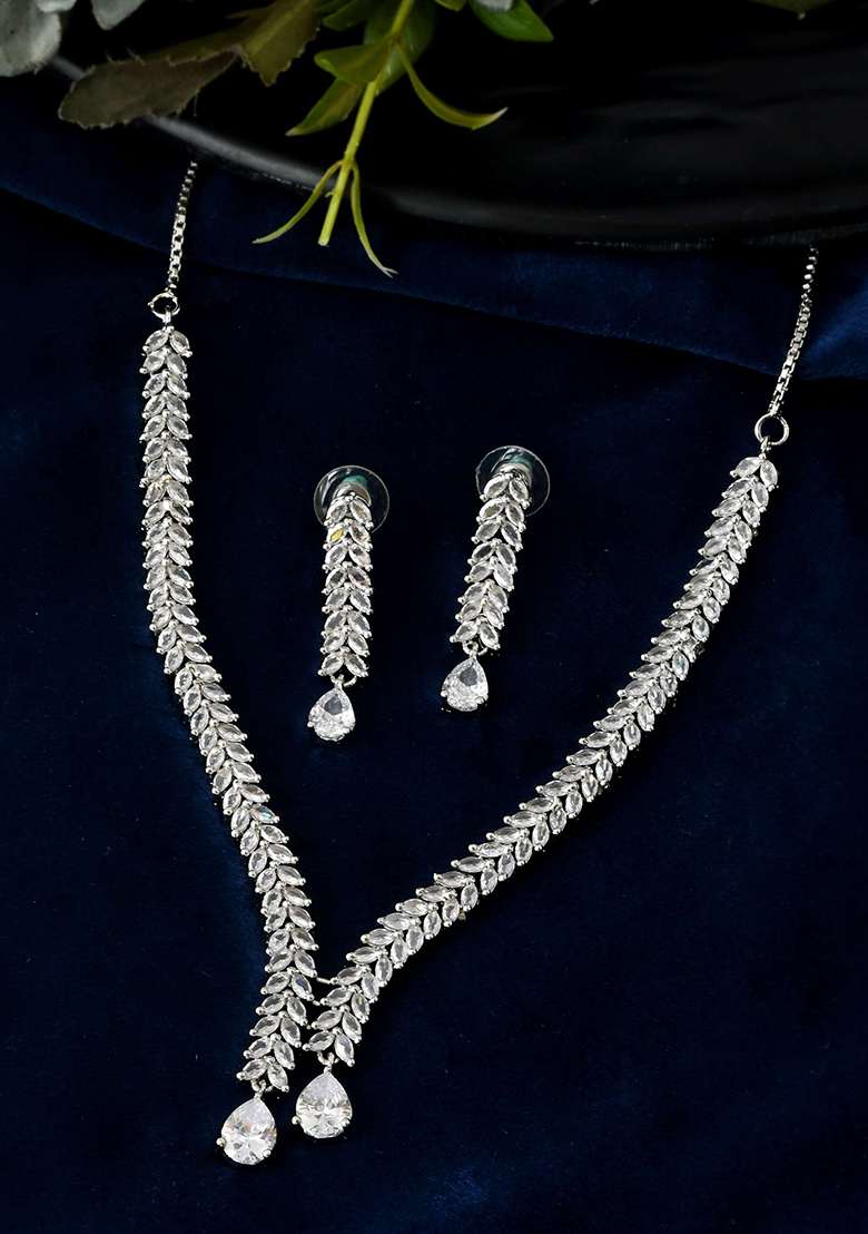 Silver And Plated American Diamond Necklace Set With Teardrop Cz Stones

 - Indya