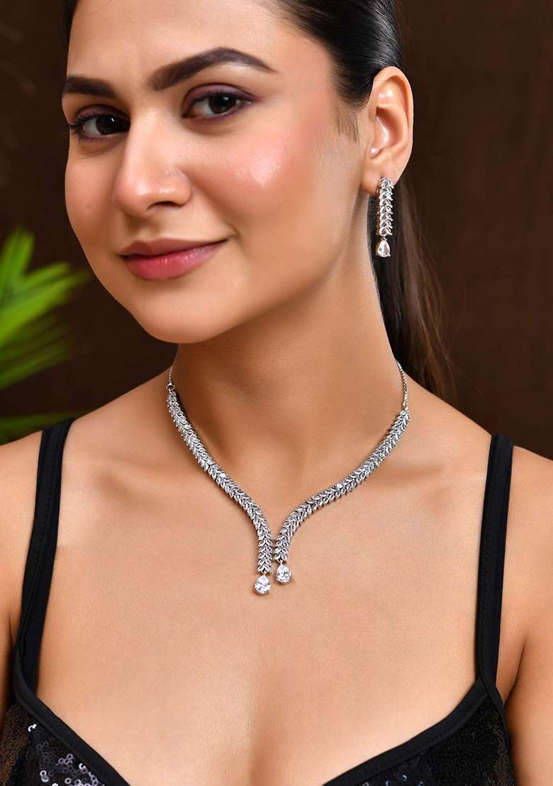 Silver And Plated American Diamond Necklace Set With Teardrop Cz Stones

 - Indya