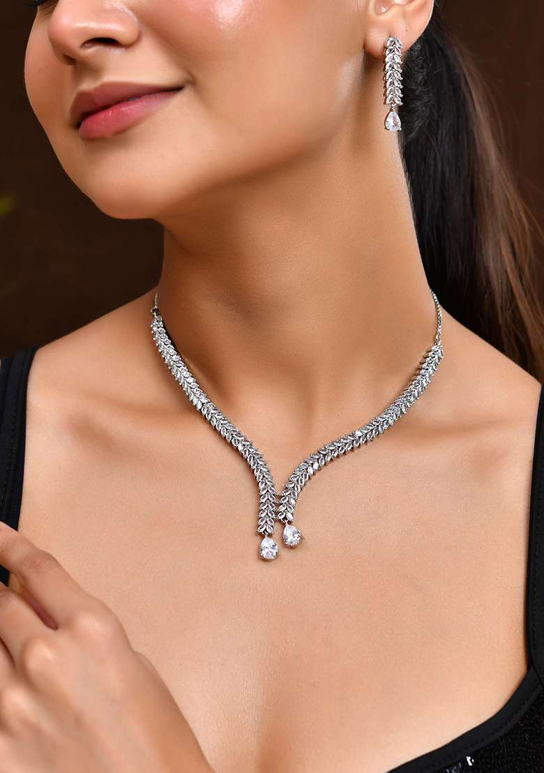 Silver And Plated American Diamond Necklace Set With Teardrop Cz Stones

 - Indya