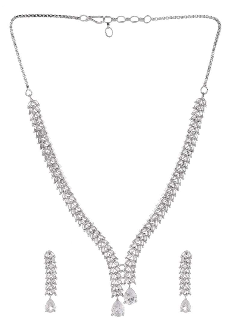 Silver And Plated American Diamond Necklace Set With Teardrop Cz Stones

 - Indya