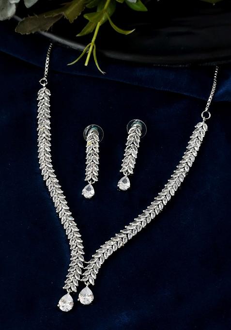 Silver And Plated American Diamond Necklace Set With Teardrop Cz Stones

