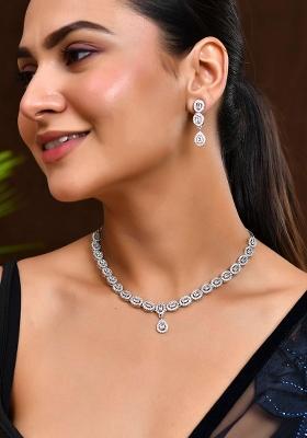Elegant American Diamond And Studded Necklace Set In Rhodium Finish