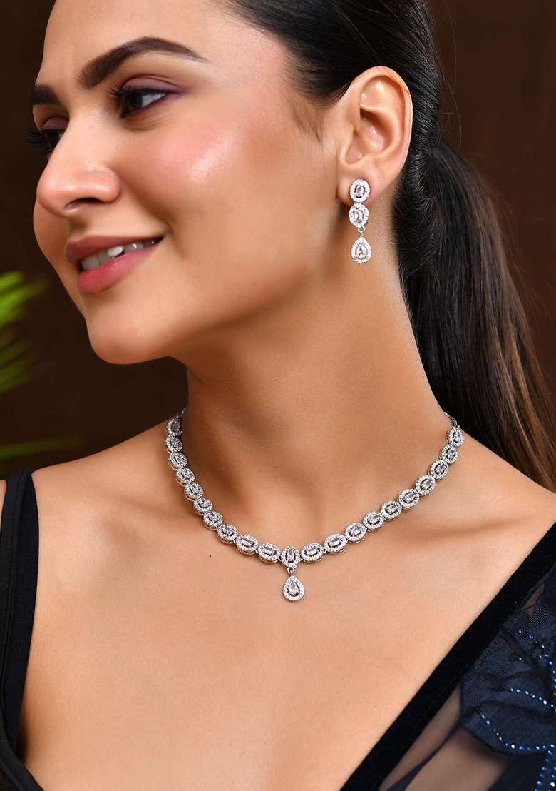 Elegant American Diamond And Studded Necklace Set In Rhodium Finish - Indya