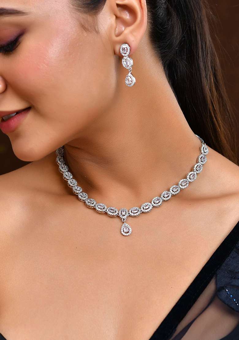 Elegant American Diamond And Studded Necklace Set In Rhodium Finish - Indya