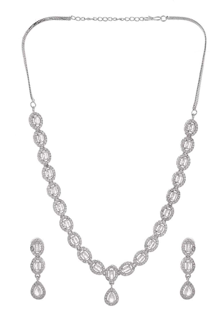 Elegant American Diamond And Studded Necklace Set In Rhodium Finish - Indya