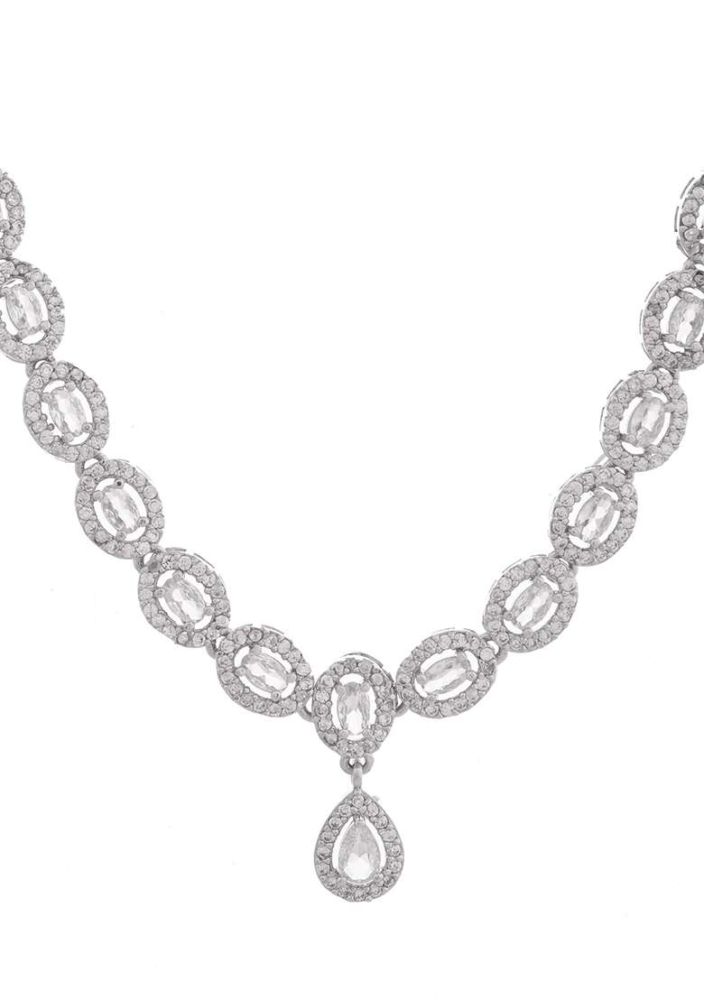 Elegant American Diamond And Studded Necklace Set In Rhodium Finish - Indya