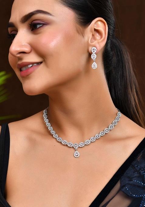 Elegant American Diamond And Studded Necklace Set In Rhodium Finish