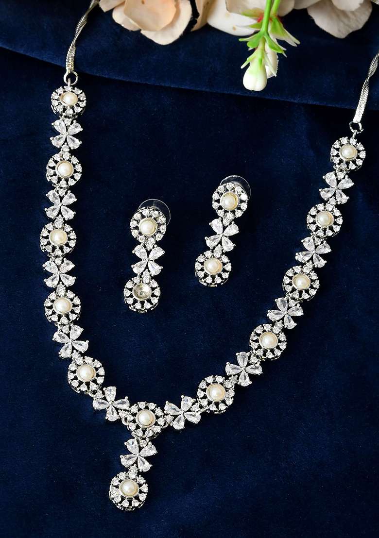 Silver And Plated Pearl And American Diamond Floral Necklace Set - Indya
