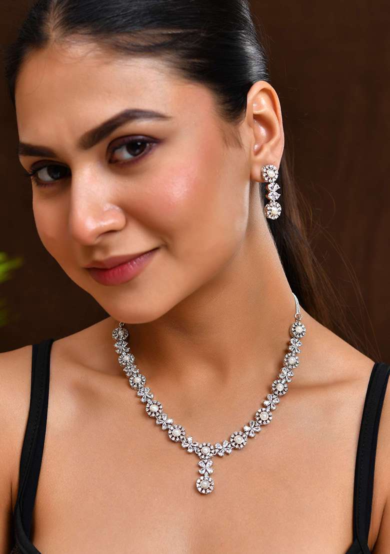 Silver And Plated Pearl And American Diamond Floral Necklace Set - Indya