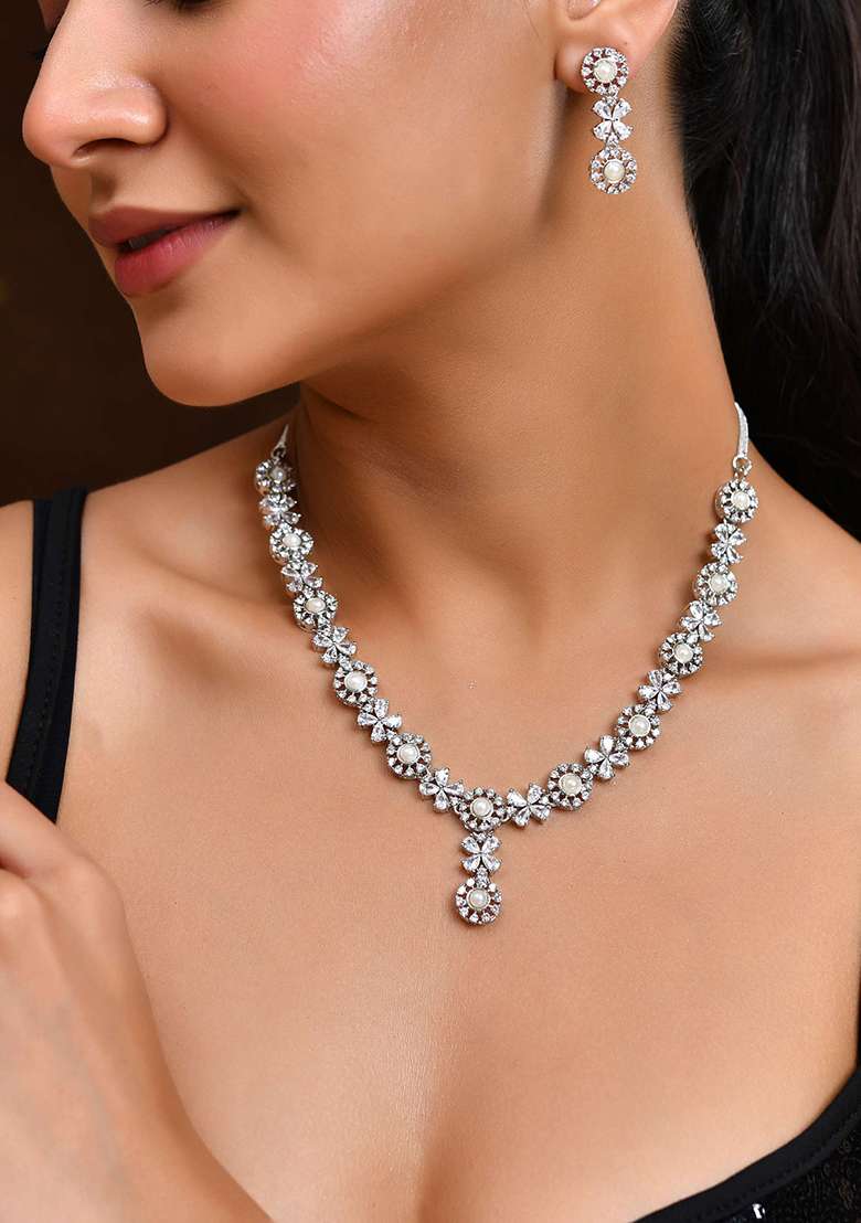 Silver And Plated Pearl And American Diamond Floral Necklace Set - Indya