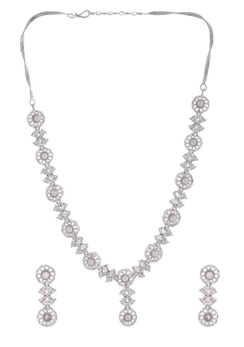 Silver And Plated Pearl And American Diamond Floral Necklace Set - Indya