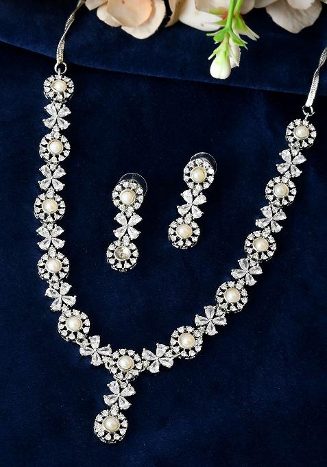 Silver And Plated Pearl And American Diamond Floral Necklace Set