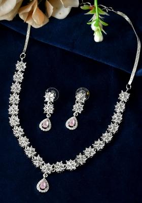 Floral Design American Diamond Necklace Set With Pink Stone Drops