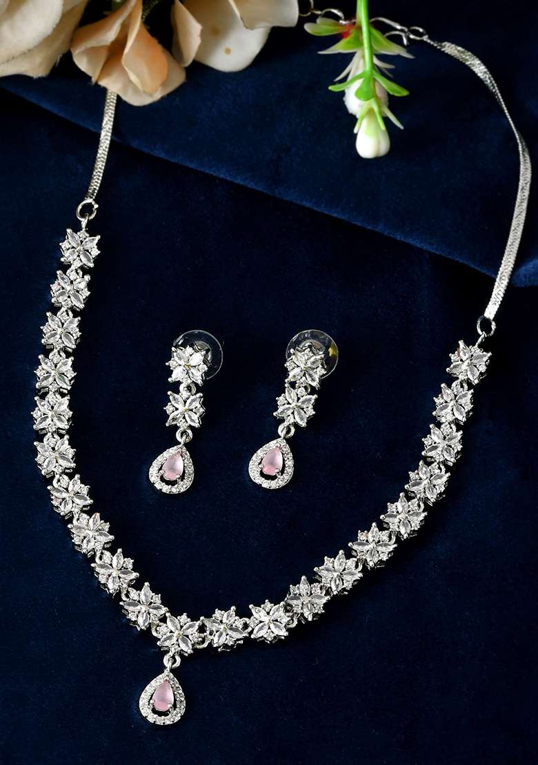 Floral Design American Diamond Necklace Set With Pink Stone Drops - Indya