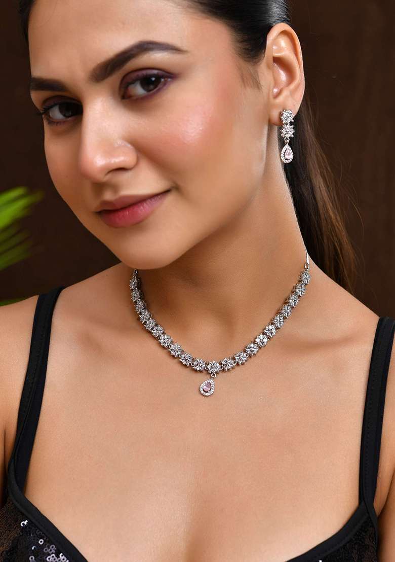Floral Design American Diamond Necklace Set With Pink Stone Drops - Indya