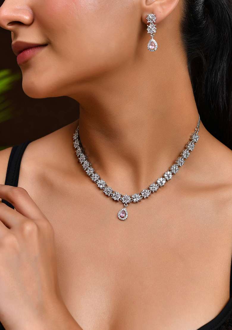 Floral Design American Diamond Necklace Set With Pink Stone Drops - Indya