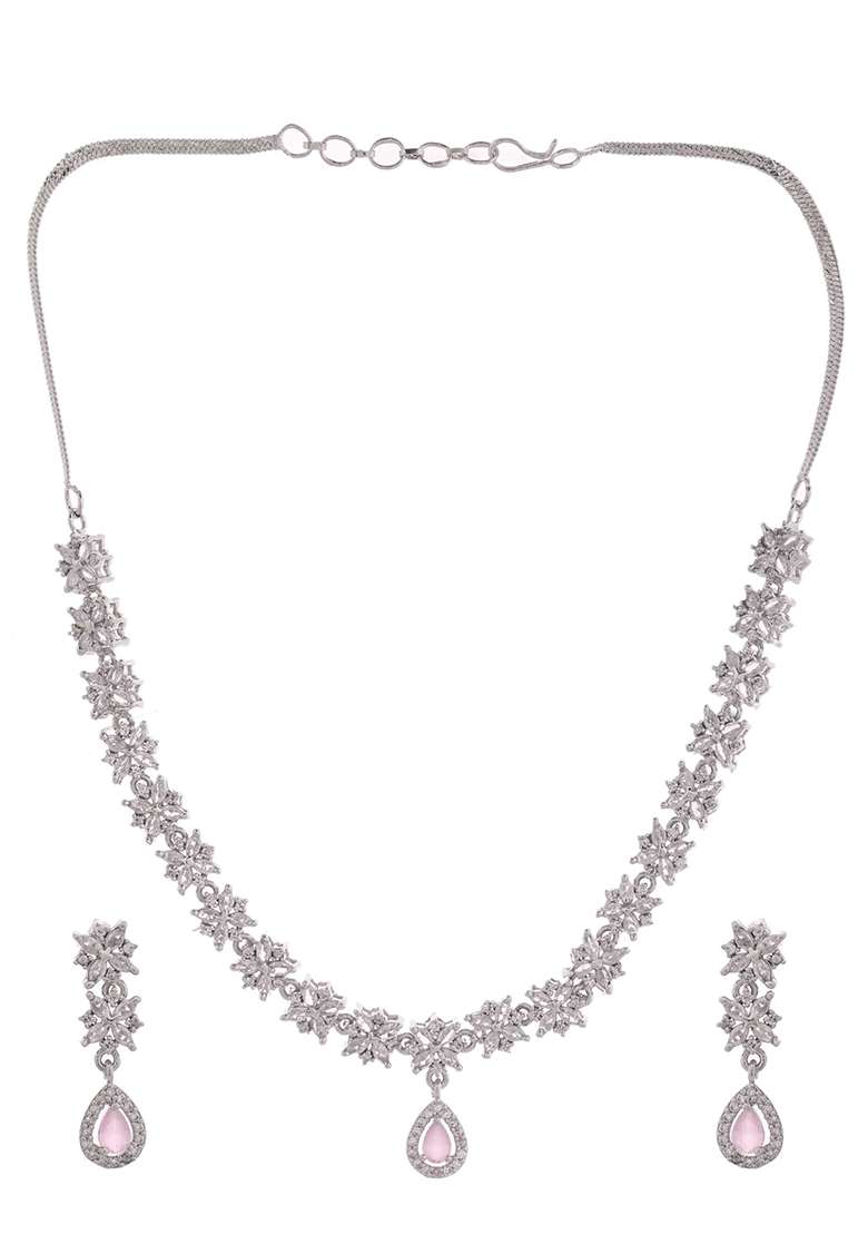 Floral Design American Diamond Necklace Set With Pink Stone Drops - Indya