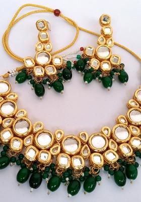 Bottle Green Alloy Kundan Work Necklace Set