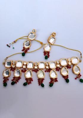 Red And Green Alloy Kundan Work Necklace Set