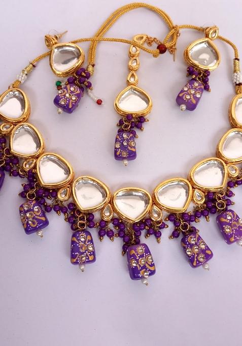 Purple Alloy Kundan Work Necklace Set