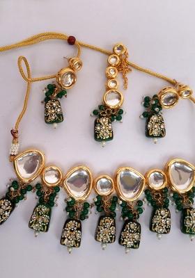 Bottle Green Alloy Kundan Work Necklace Set