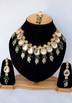 Bottle Green Alloy Kundan Work Necklace Set