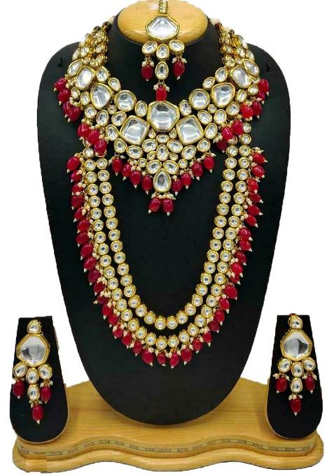 Red Alloy Kundan Work Necklace Set