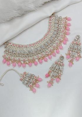 Pink Gold Plated Stone With Pearl Work Necklace Set
