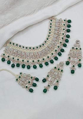 Green Gold Plated Stone With Pearl Work Necklace Set