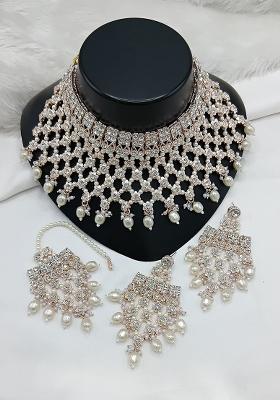 White Gold Plated Stone Work With Pearl Work Necklace Set