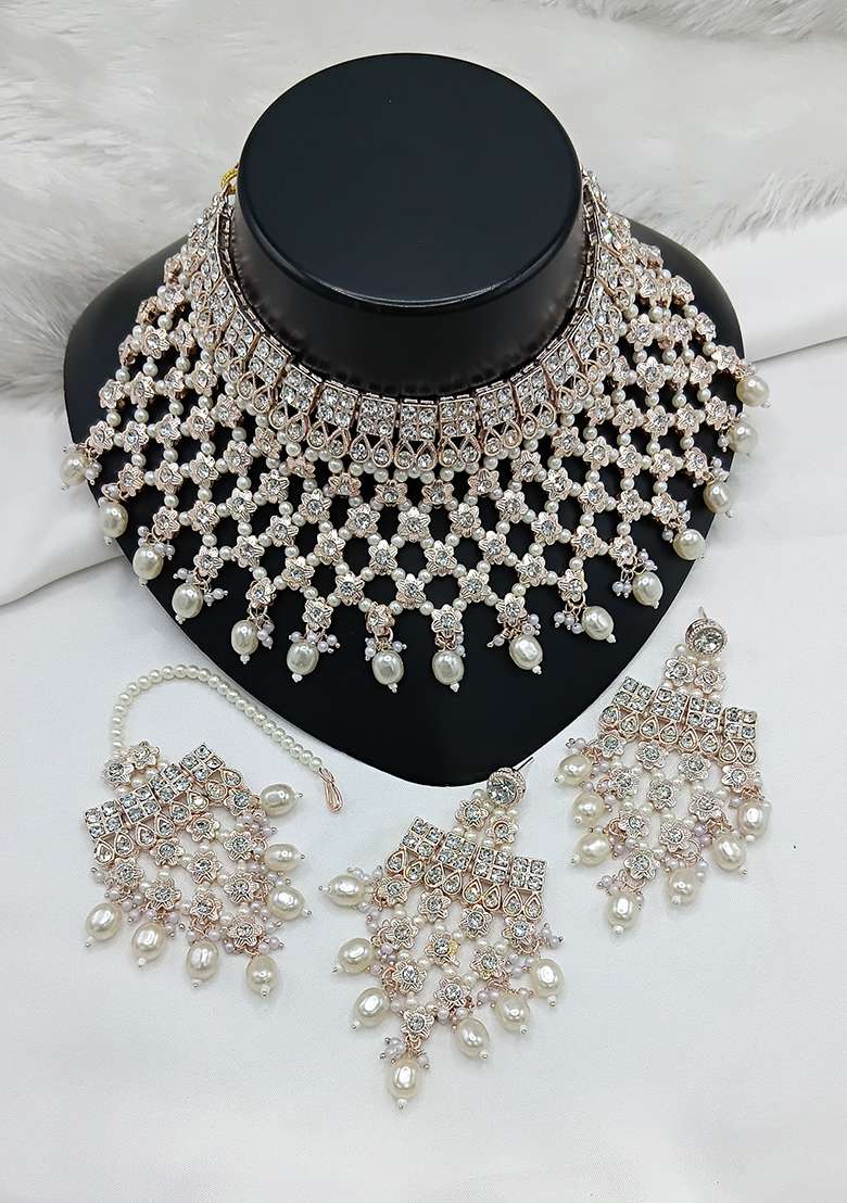 White Gold Plated Stone Work With Pearl Work Necklace Set - Indya