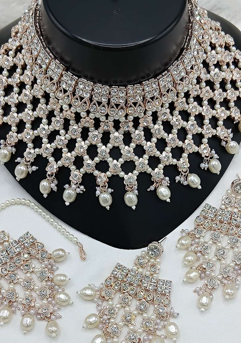 White Gold Plated Stone Work With Pearl Work Necklace Set - Indya
