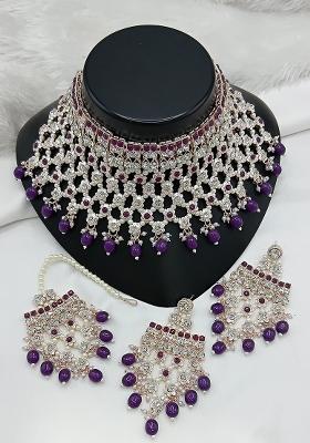 Purple Gold Plated Stone Work With Pearl Work Necklace Set