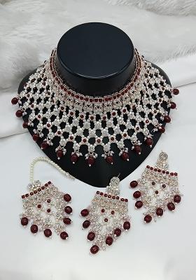 Maroon Gold Plated Stone Work With Pearl Work Necklace Set