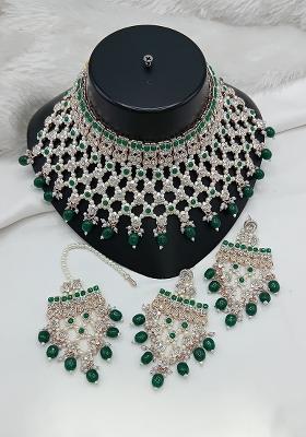 Green Gold Plated Stone Work With Pearl Work Necklace Set