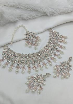 White Gold Plated Stone Work Necklace Set