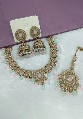 Light Pink And Sea Green Gold Plated Stone Work Necklace Set