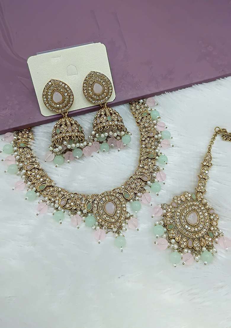 Light Pink And Sea Green Gold Plated Stone Work Necklace Set - Indya