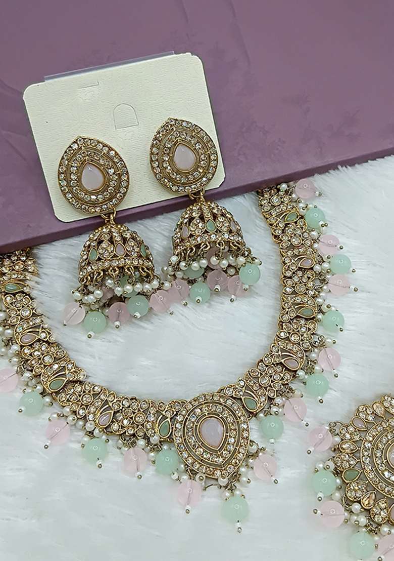Light Pink And Sea Green Gold Plated Stone Work Necklace Set - Indya