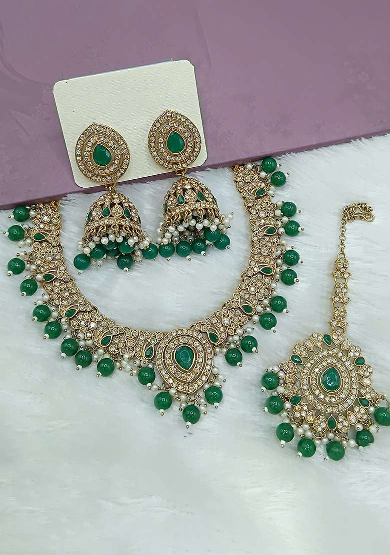 Green Gold Plated Stone Work Necklace Set - Indya