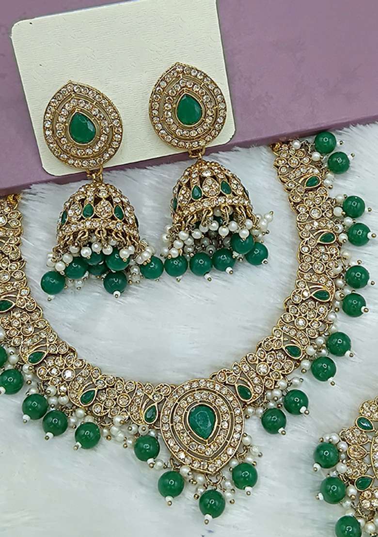 Green Gold Plated Stone Work Necklace Set - Indya