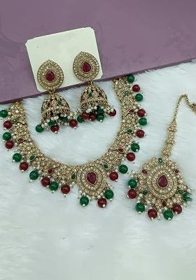 Maroon And Green Gold Plated Stone Work Necklace Set