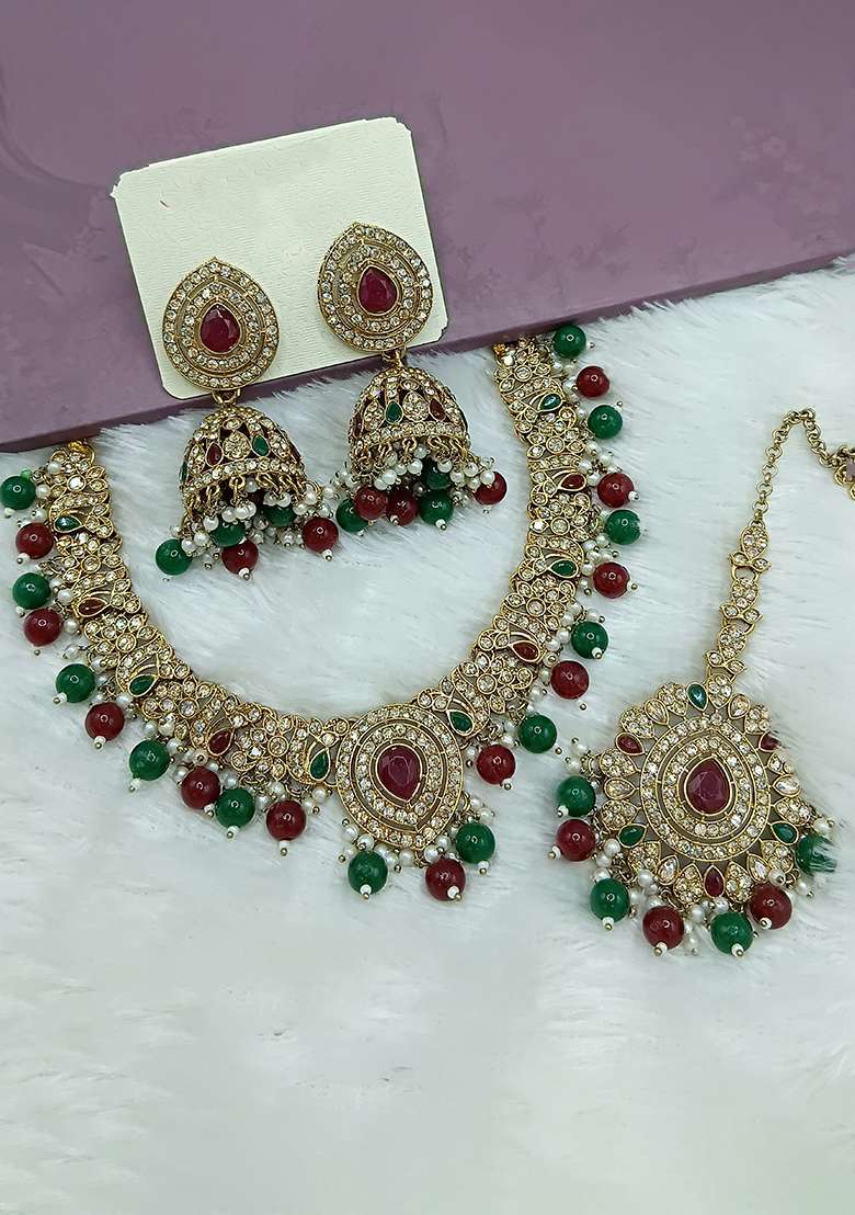 Maroon And Green Gold Plated Stone Work Necklace Set - Indya