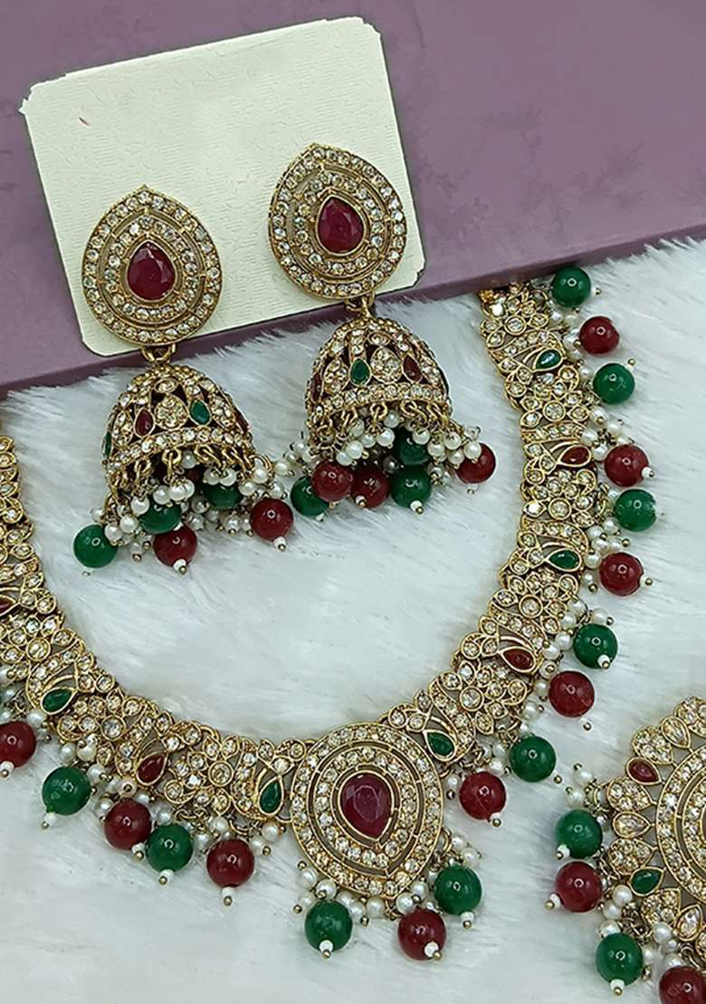 Maroon And Green Gold Plated Stone Work Necklace Set - Indya