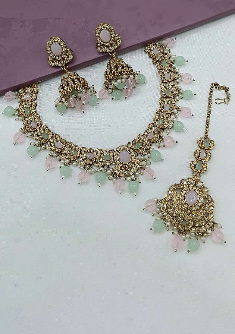 Light Pink And Sea Green Gold Plated Stone Work Necklace Set - Indya