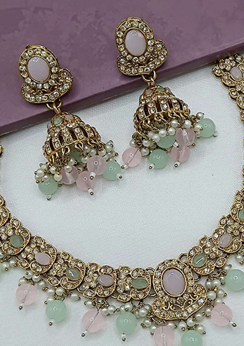 Light Pink And Sea Green Gold Plated Stone Work Necklace Set - Indya