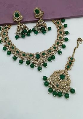 Green Gold Plated Stone Work Necklace Set