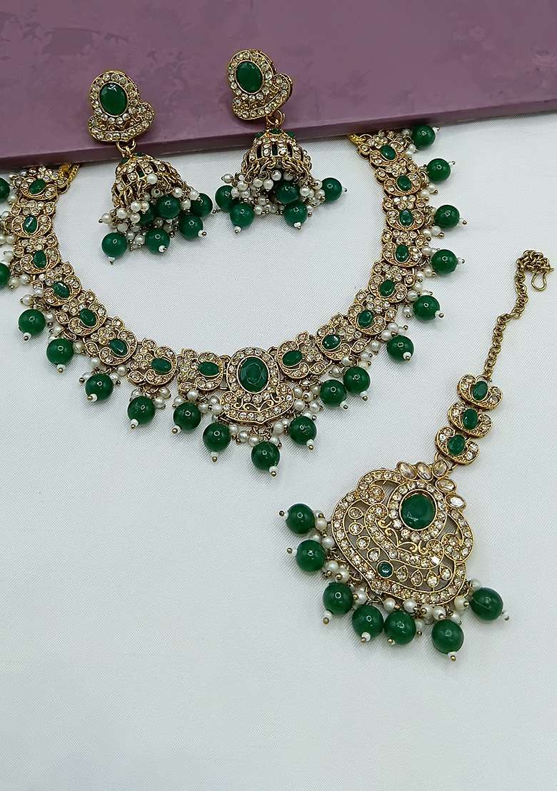 Green Gold Plated Stone Work Necklace Set - Indya